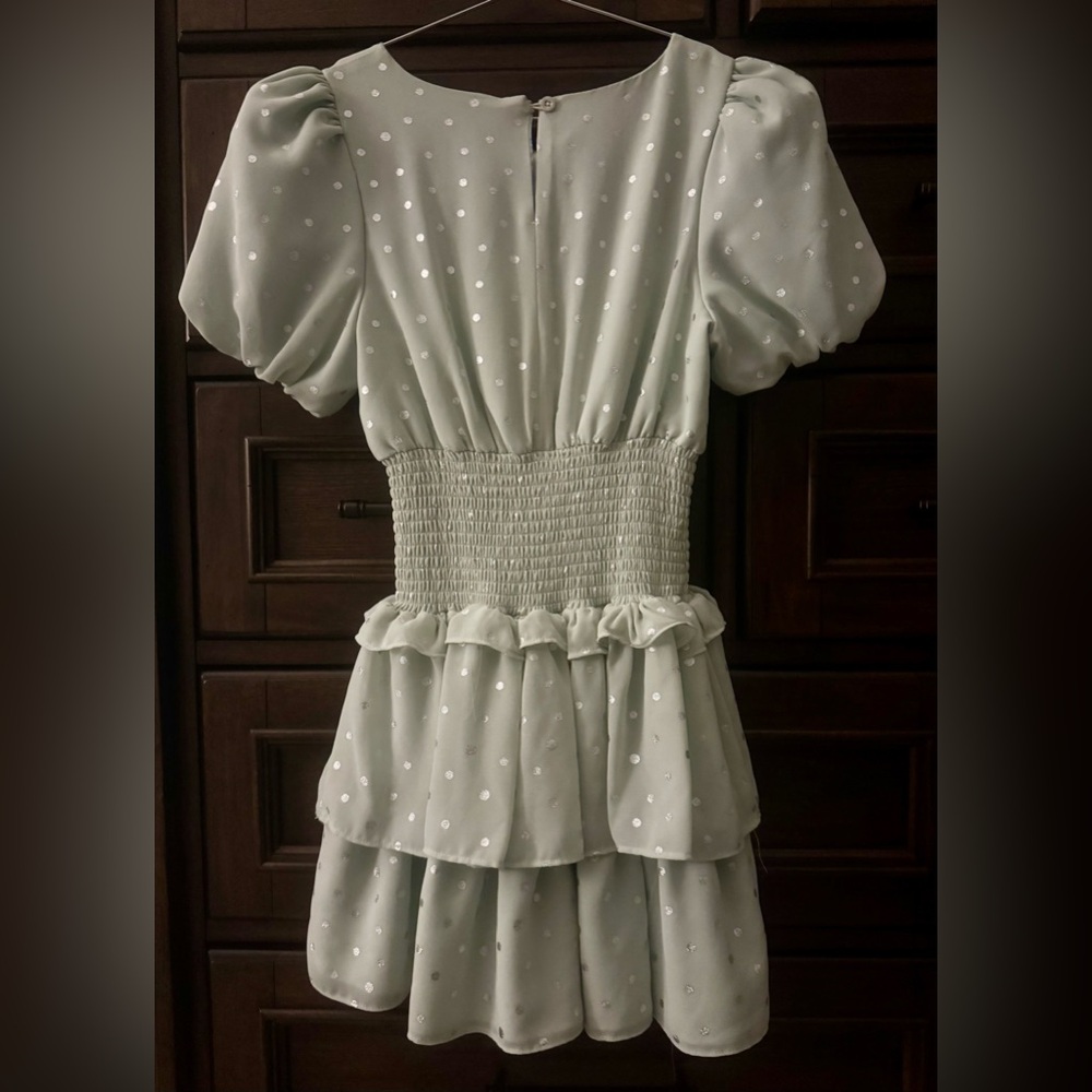 Habitual Girls Light Green w Silver Polka Dot Puff Sleeve Dress - Size 12 - NWOT - Picture 4 of 7